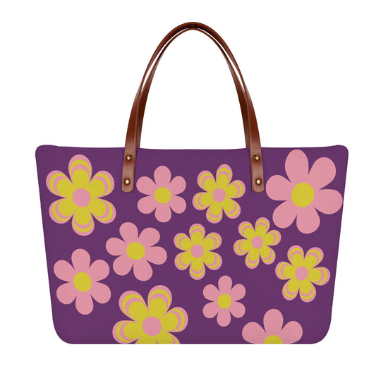 Purple Flower Power Tote Bag with Brown Leather Straps