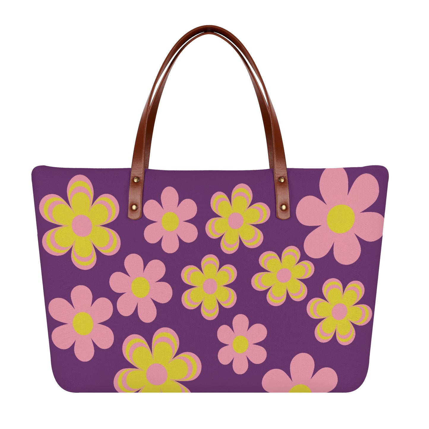 Purple Flower Power Tote Bag with Brown Leather Straps