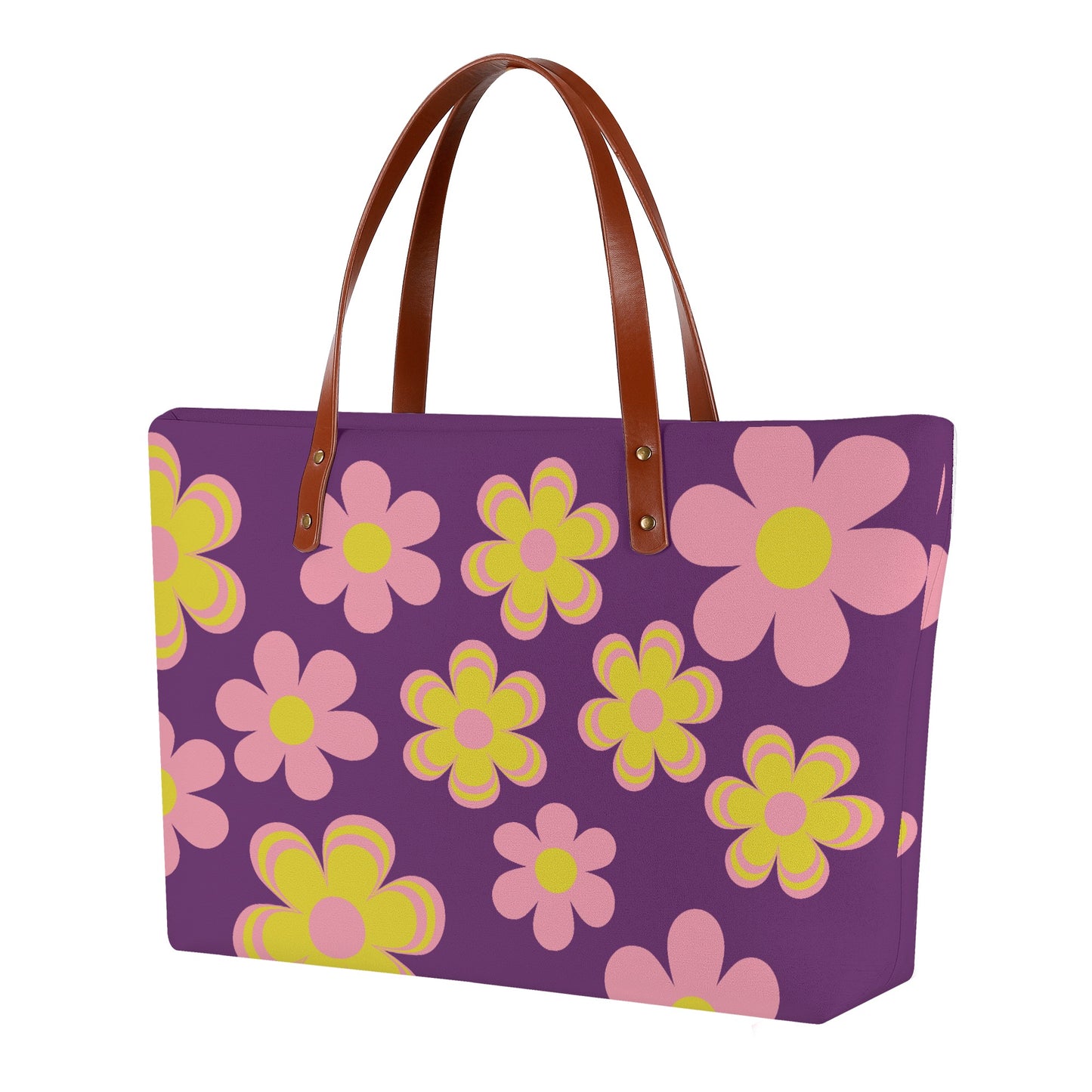 Purple Flower Power Tote Bag with Brown Leather Straps