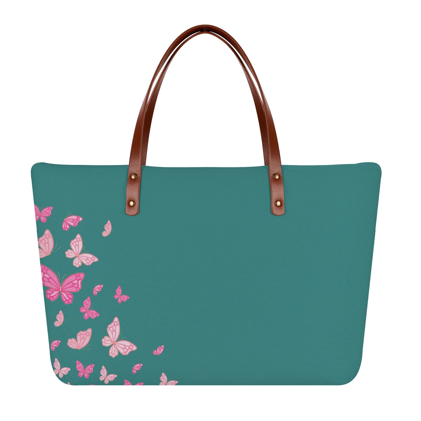 Teal Butterfly Tote Bag with Brown Handles