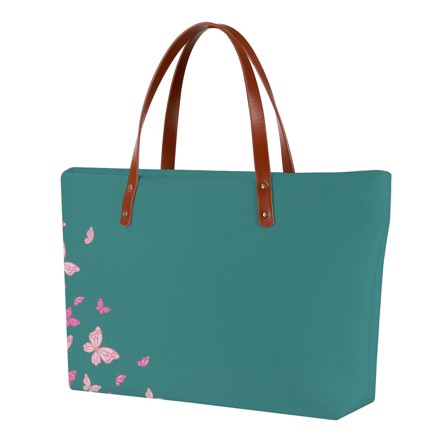 Teal Butterfly Tote Bag with Brown Handles