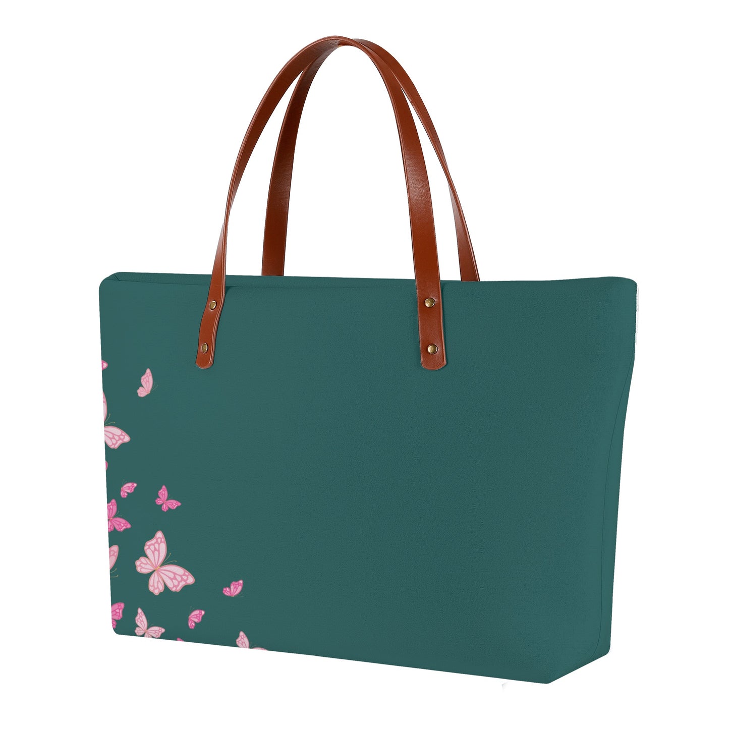 Teal Butterfly Tote Bag with Brown Handles