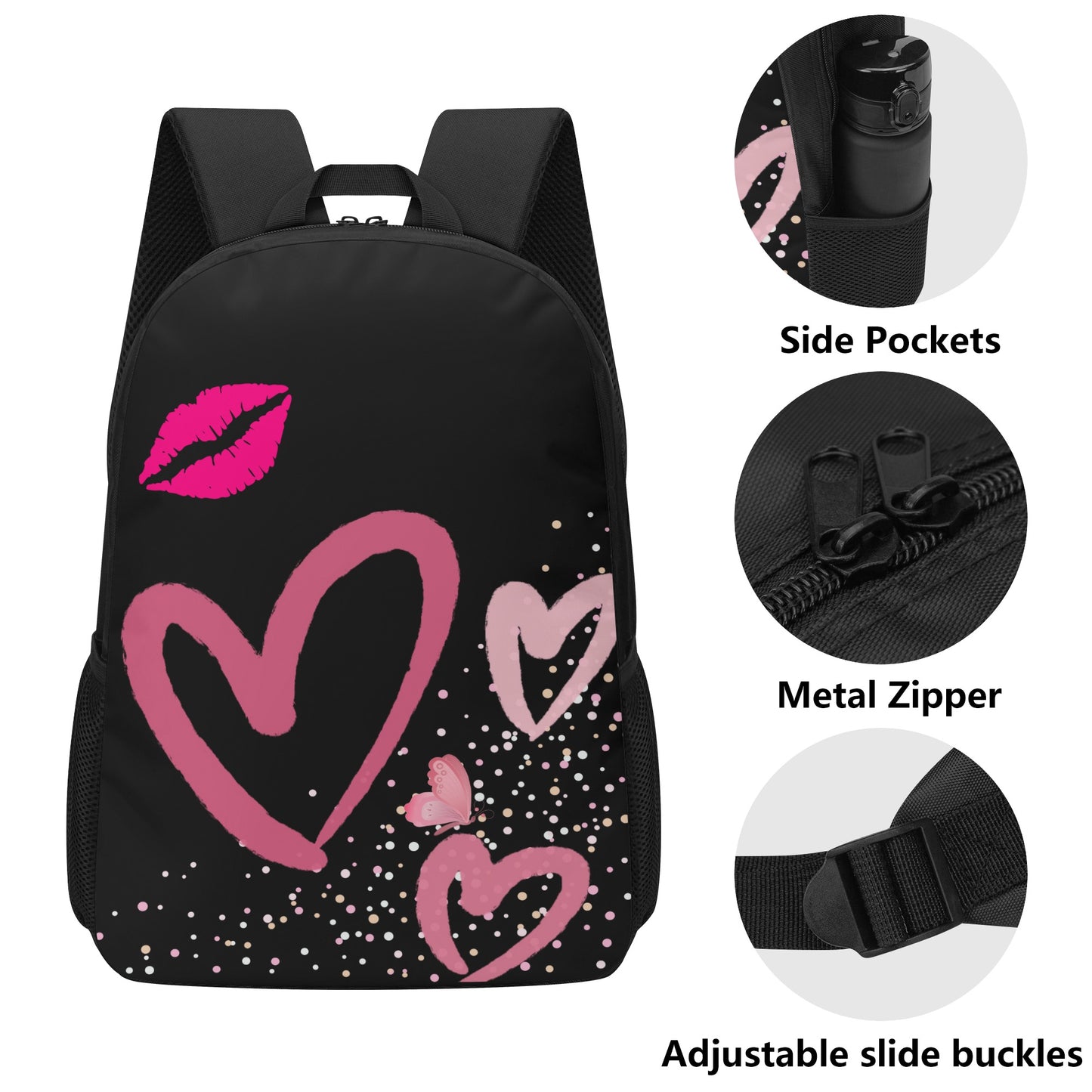 Black Pinky Heart 17 Inch School Backpack