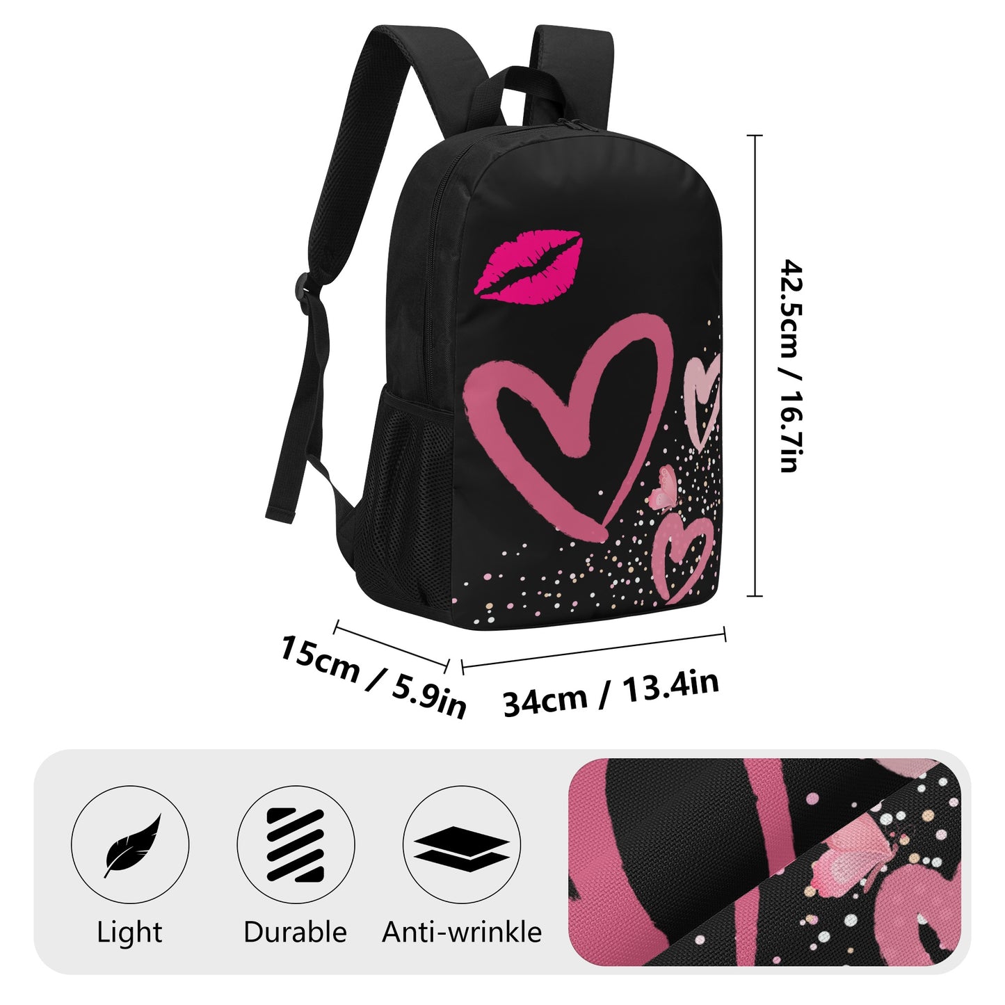 Black Pinky Heart 17 Inch School Backpack