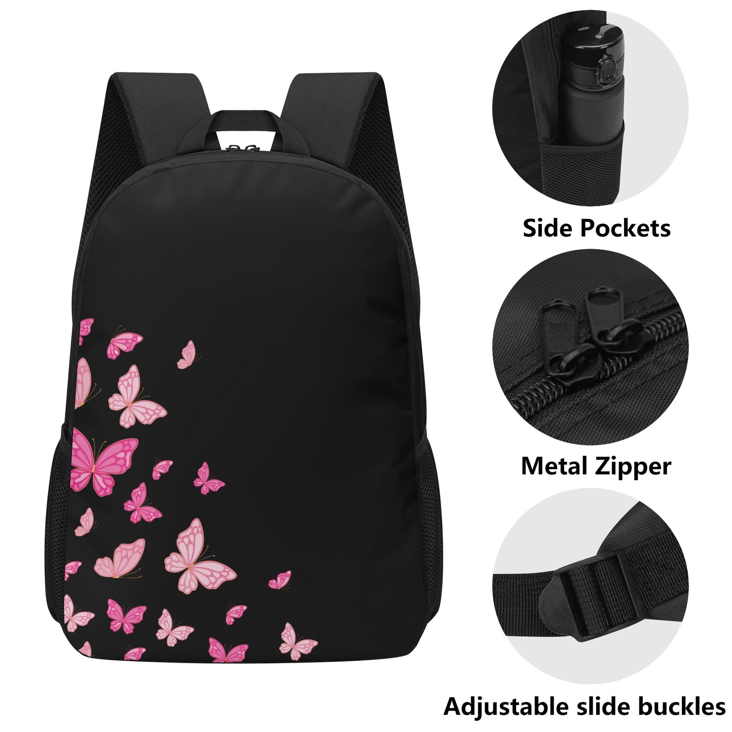 Black Pinky Butterflies 17 Inch School Backpack