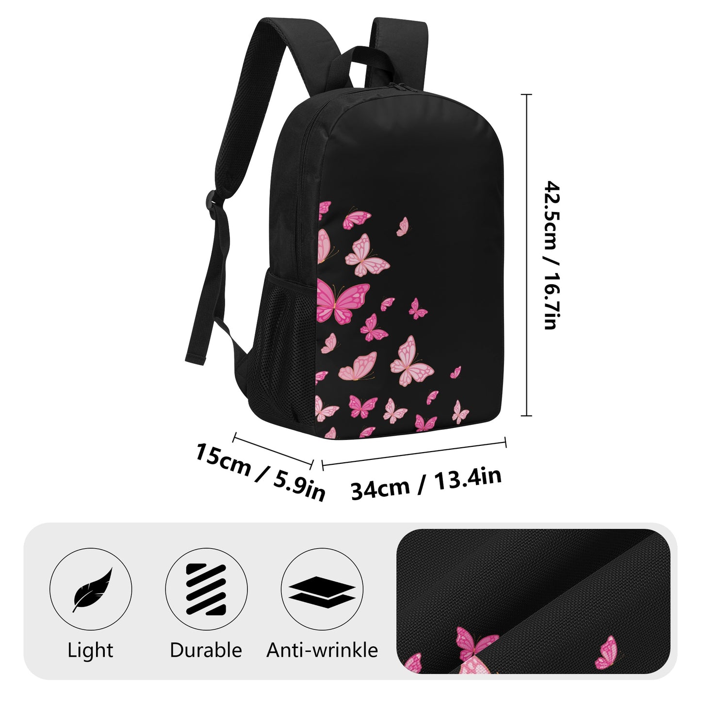 Black Pinky Butterflies 17 Inch School Backpack