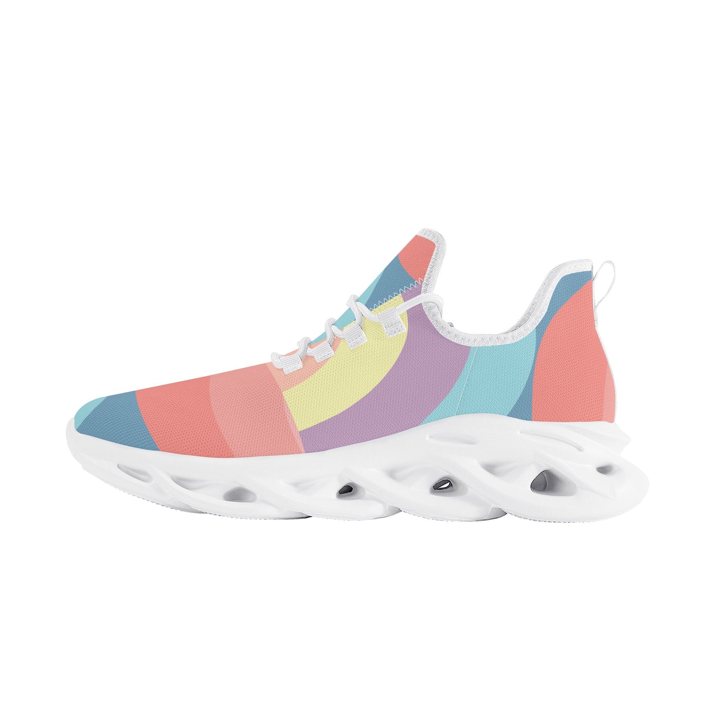 Colorful, abstract-patterned sneaker with a sleek black sole