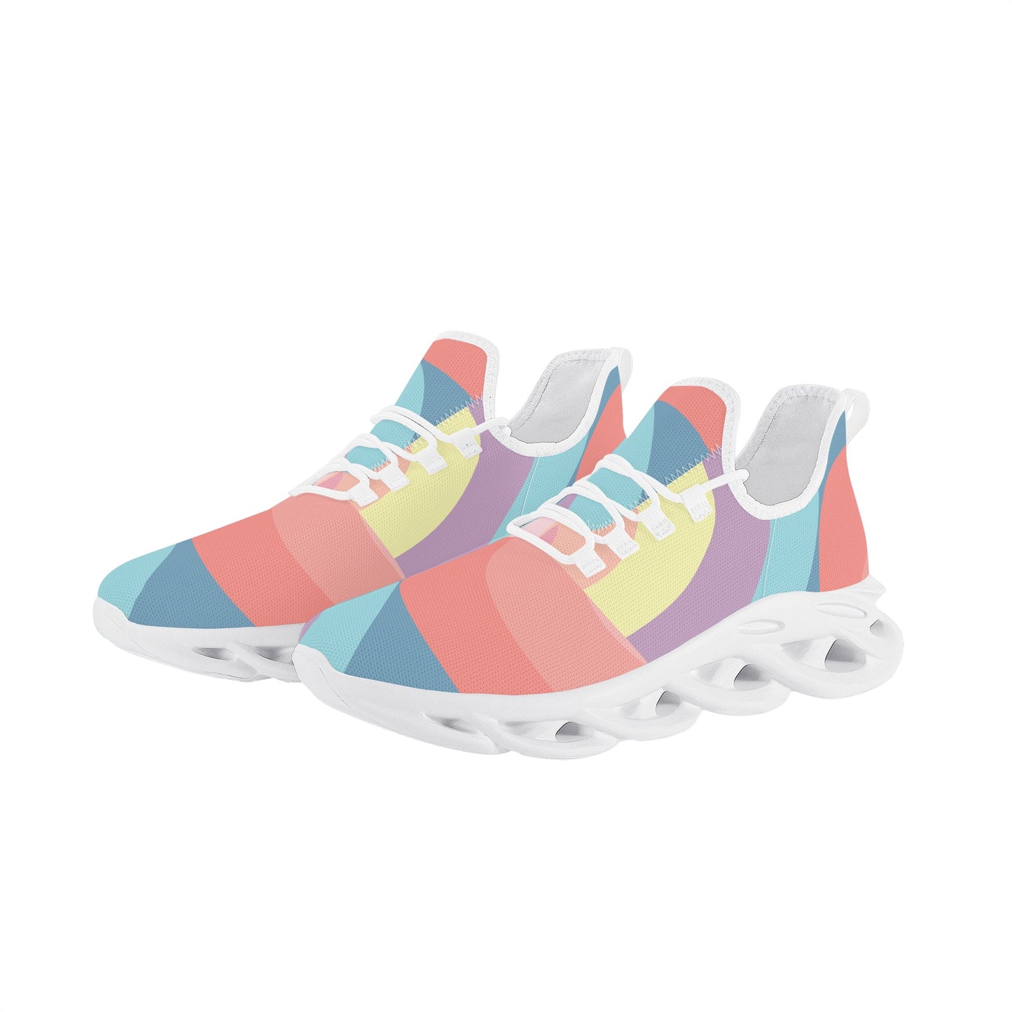 Colorful, abstract-patterned sneaker with a sleek black sole