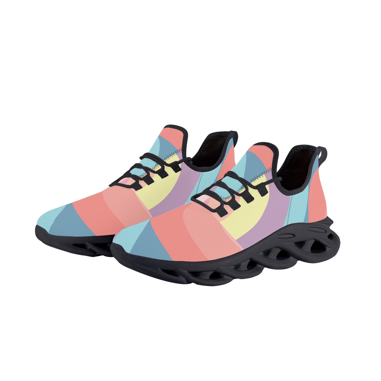 Colorful, abstract-patterned sneaker with a sleek black sole