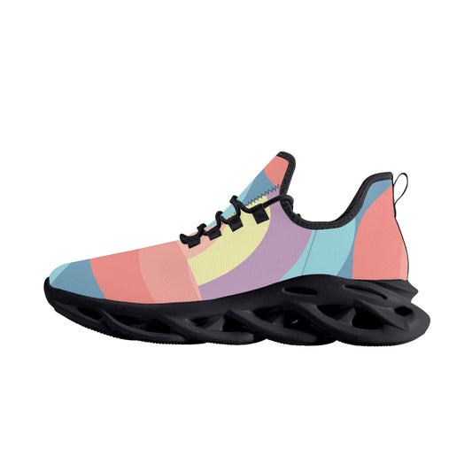 Colorful, abstract-patterned sneaker with a sleek black sole