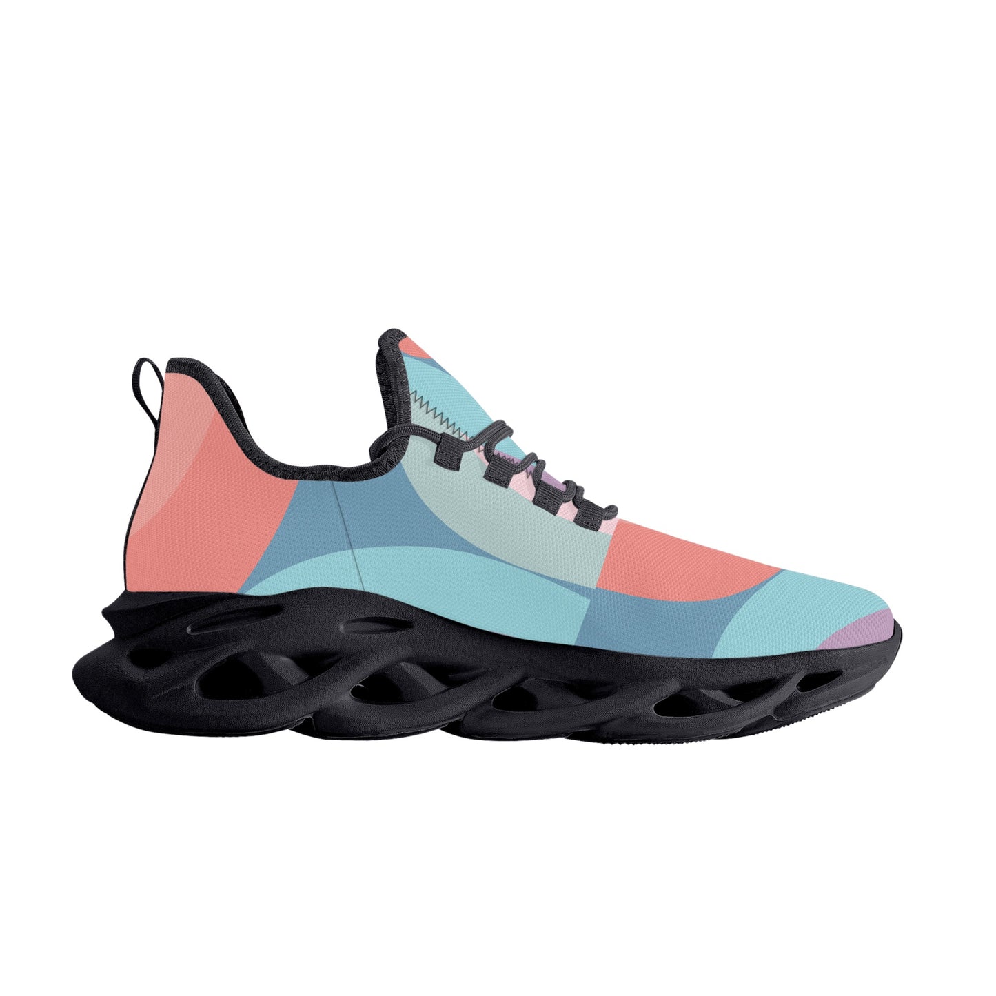 Colorful, abstract-patterned sneaker with a sleek black sole