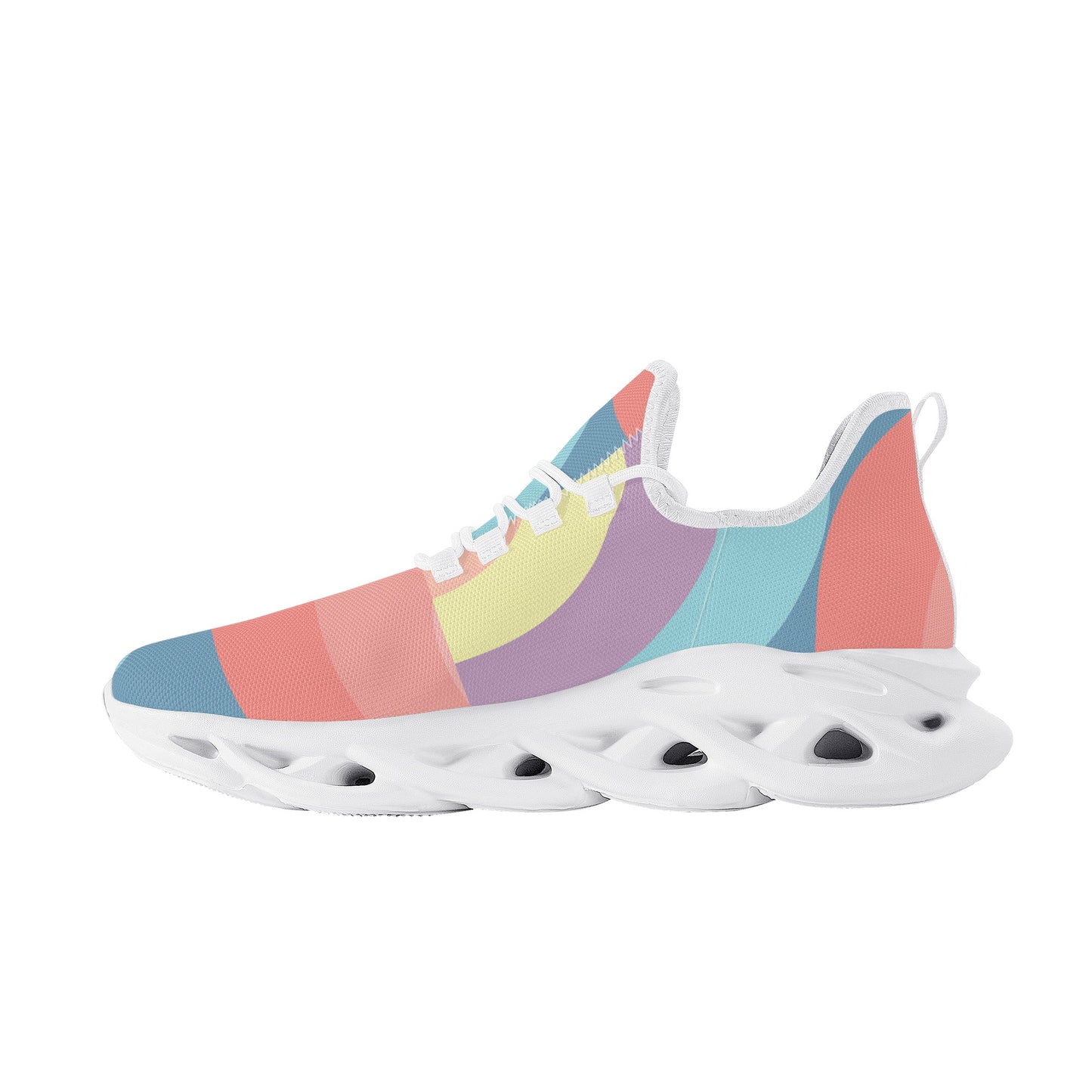 Colorful, abstract-patterned sneaker with a sleek black sole