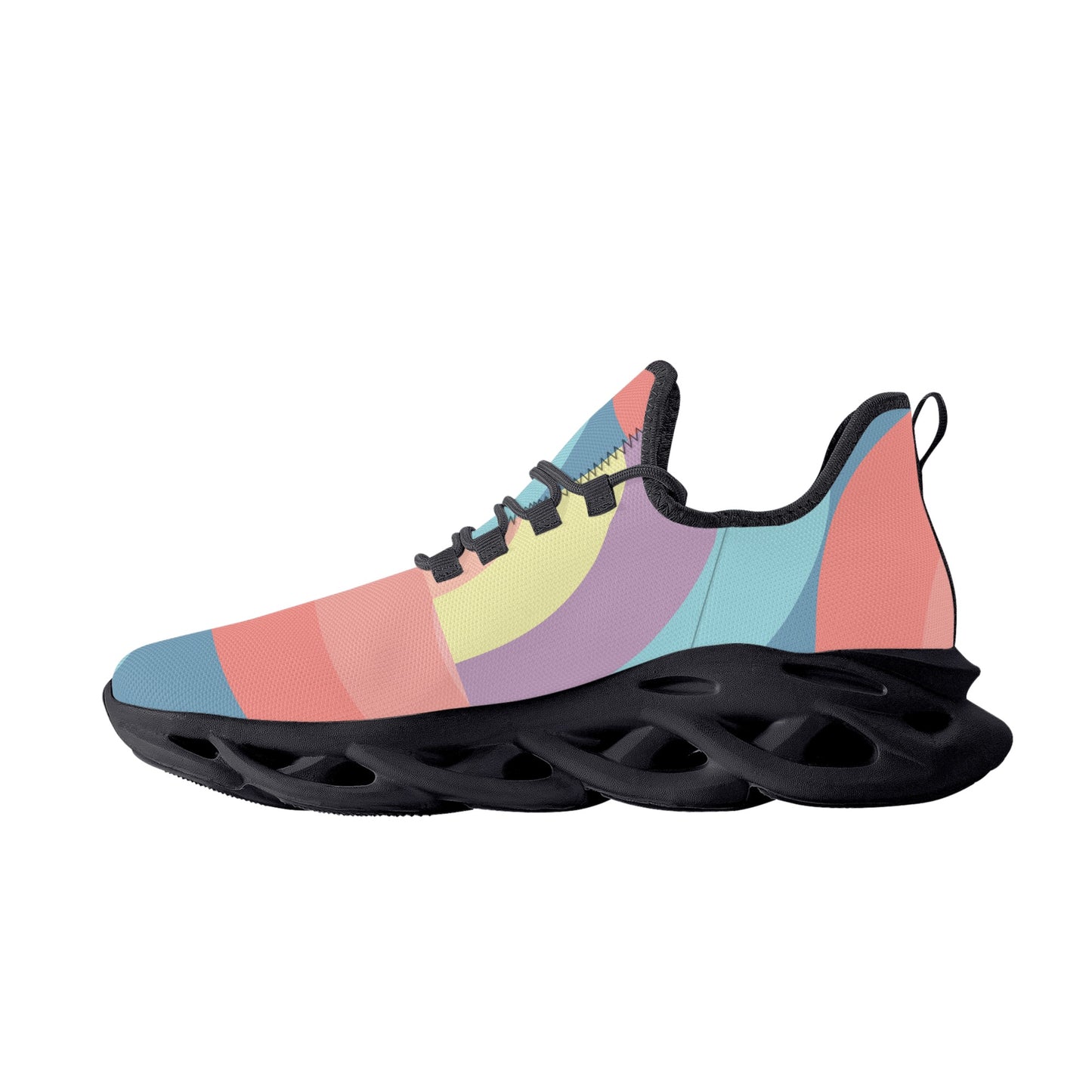 Colorful, abstract-patterned sneaker with a sleek black sole