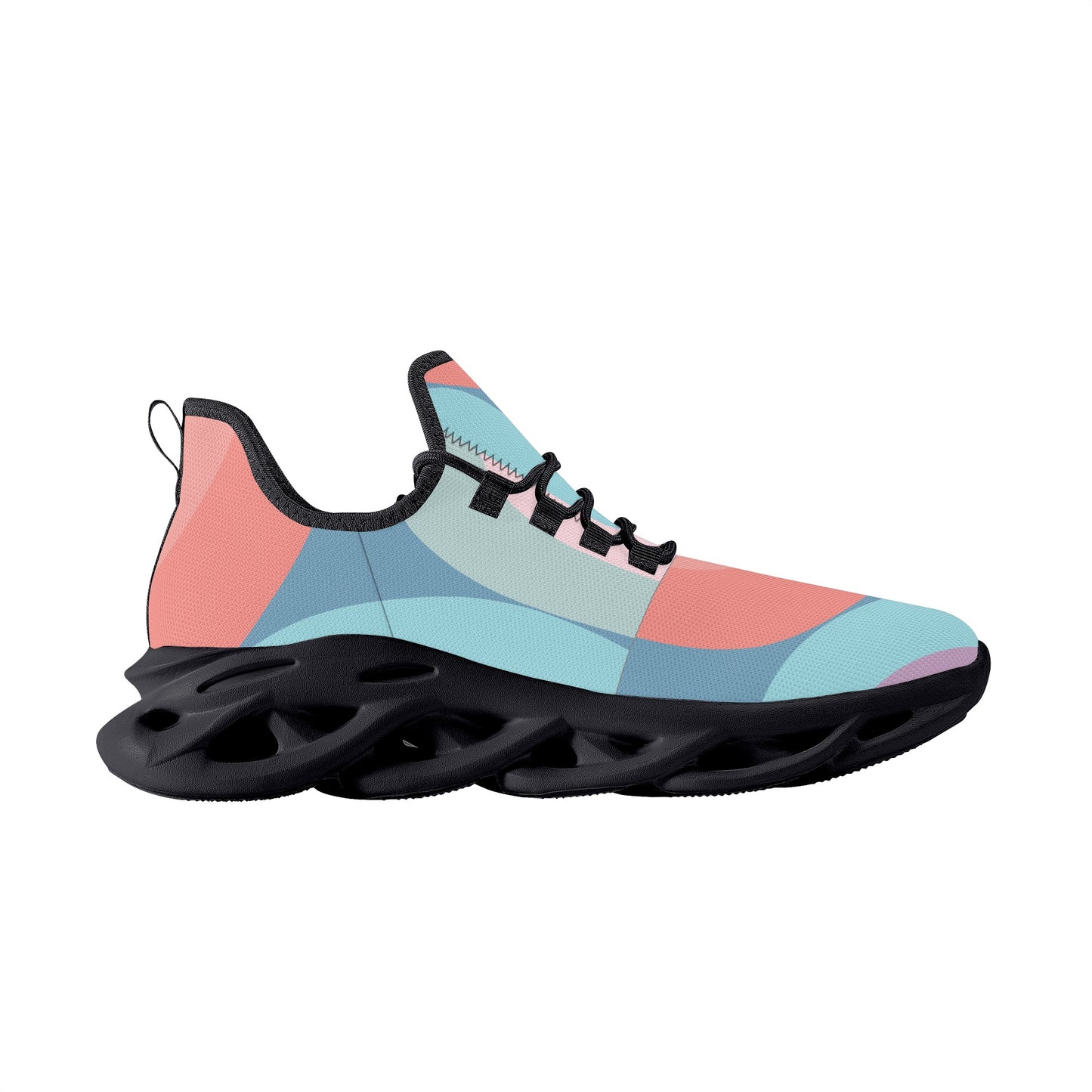 Colorful, abstract-patterned sneaker with a sleek black sole