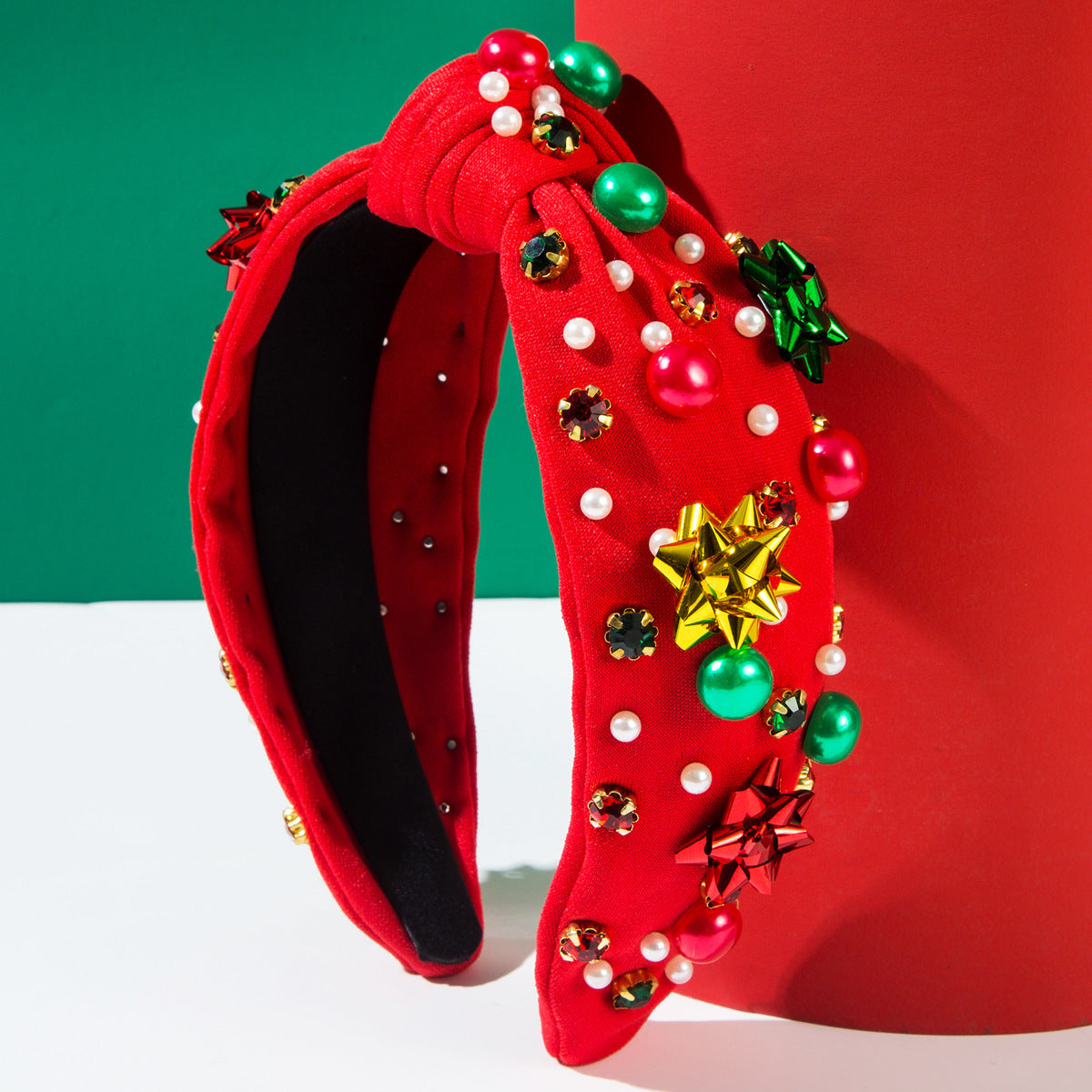 Christmas Headband Red Green Plastic Flowers Accessories