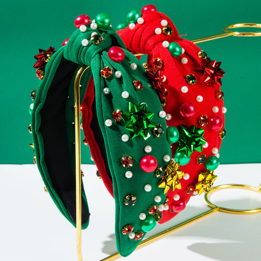 Christmas Headband Red Green Plastic Flowers Accessories