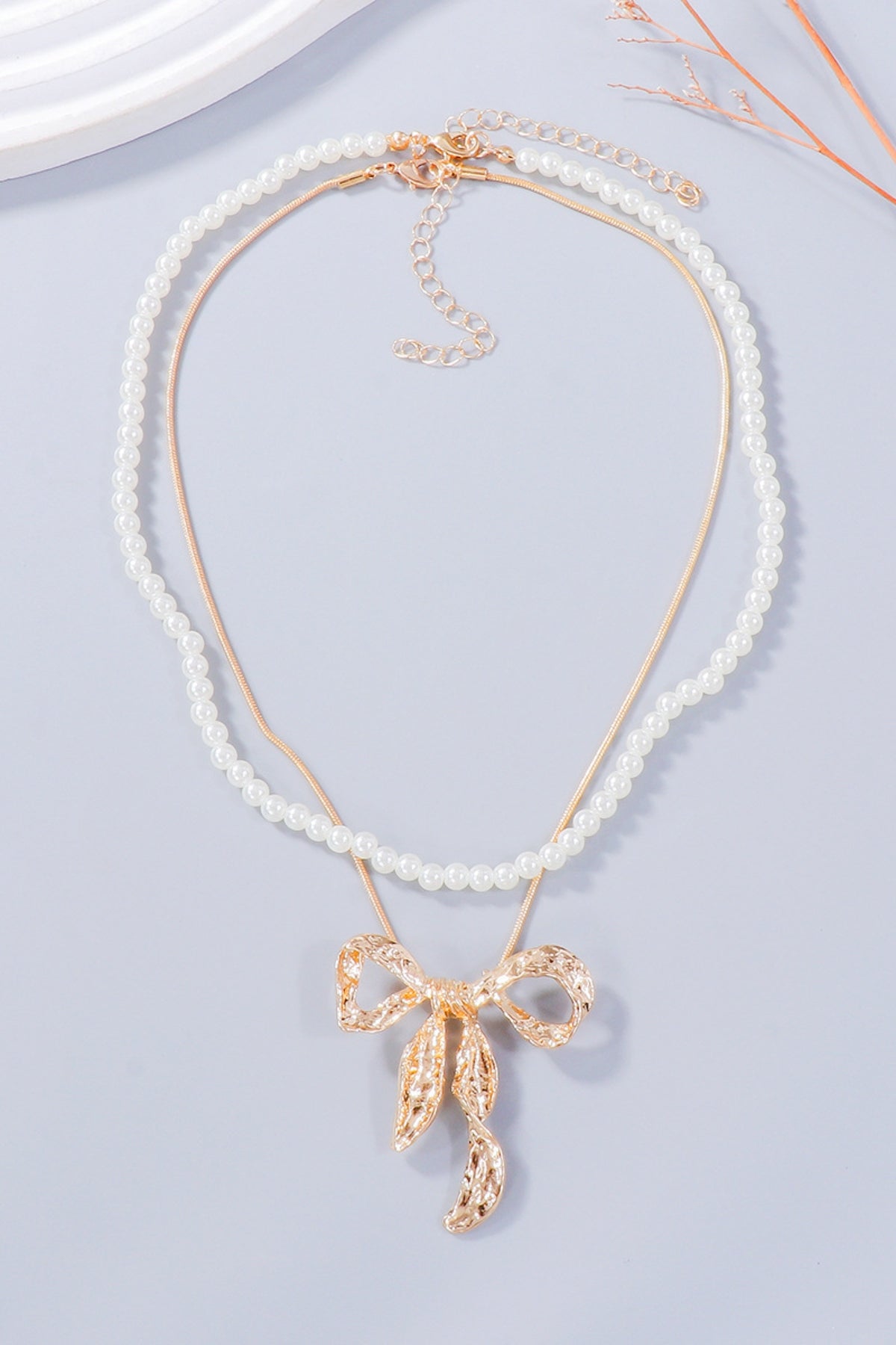 Synthetic Pearl Necklace, Bow Necklace and Bow Earrings Jewelry Set