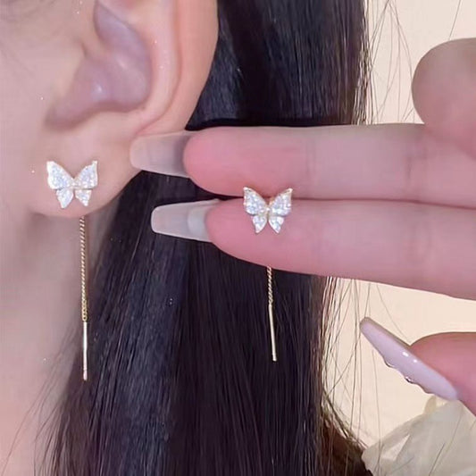 925 Silver Needle Long Tassel Butterfly Earrings