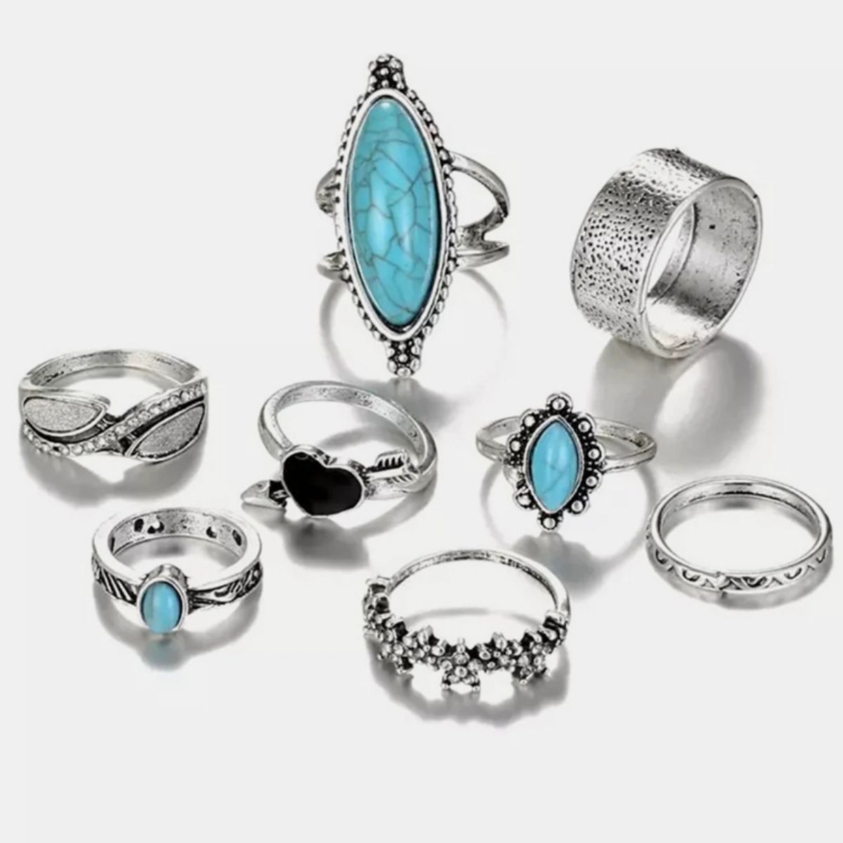 Turquoise Alloy 8-Piece Ring Set