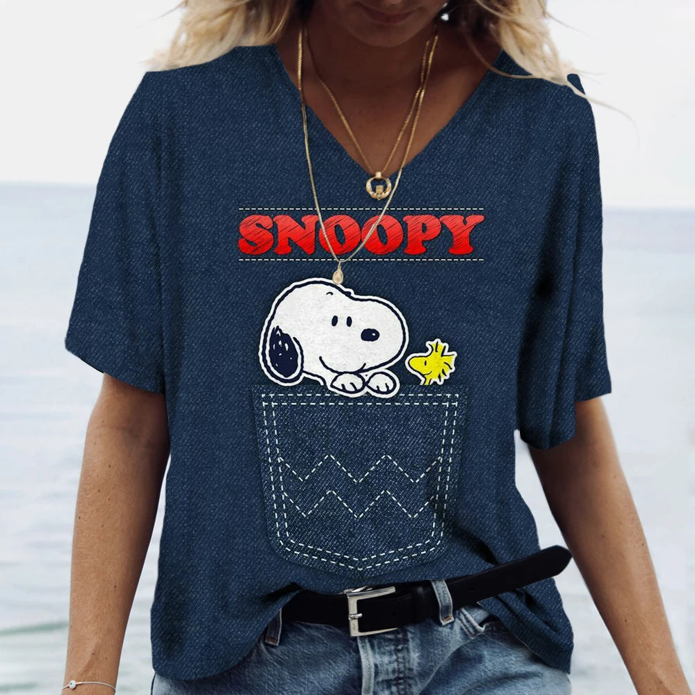 Snoopy Cartoon Print Tees V-neck