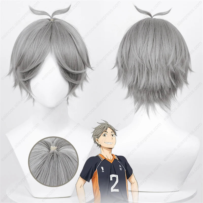 Sugawara Koushi Cosplay Wig 30cm Short Silver Grey Heat-Resistant Hair