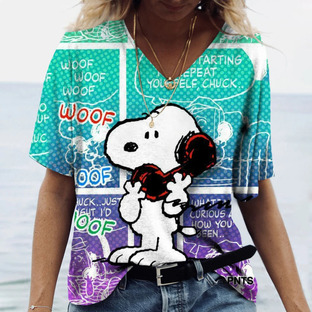 Snoopy Cartoon Print Tees V-neck