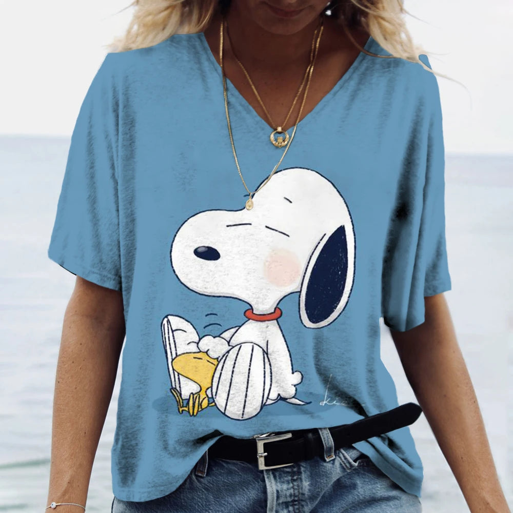 Snoopy Cartoon Print Tees V-neck