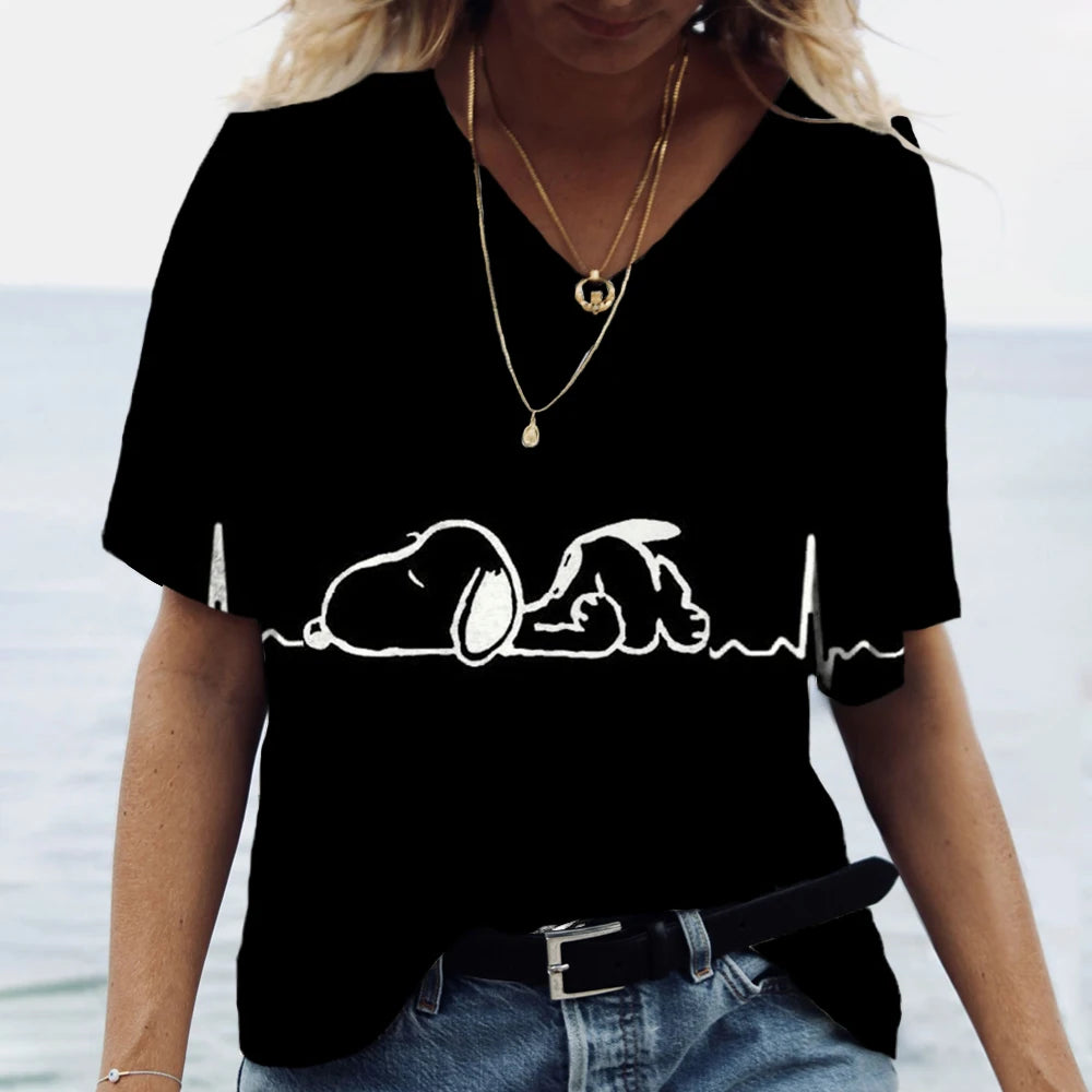 Snoopy Cartoon Print Tees V-neck