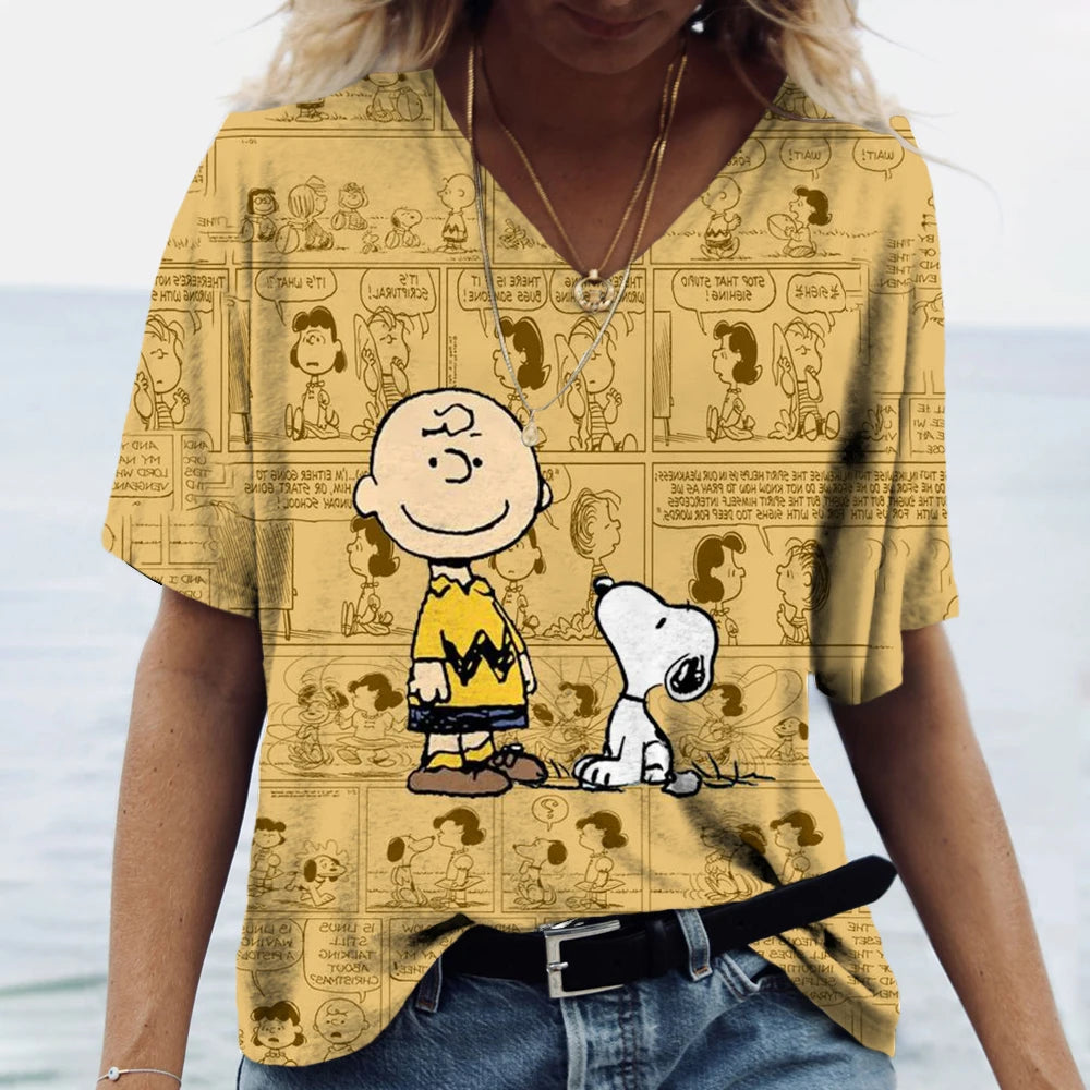 Snoopy Cartoon Print Tees V-neck