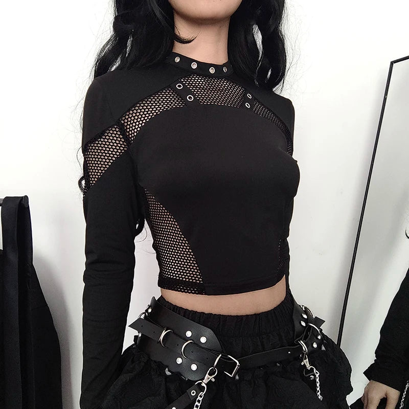 Darlingaga Gothic Harajuku Crop Top Fishnet Hollow Punk T-Shirt