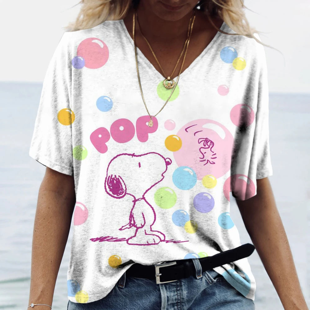 Snoopy Cartoon Print Tees V-neck