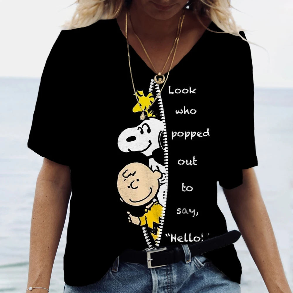 Snoopy Cartoon Print Tees V-neck