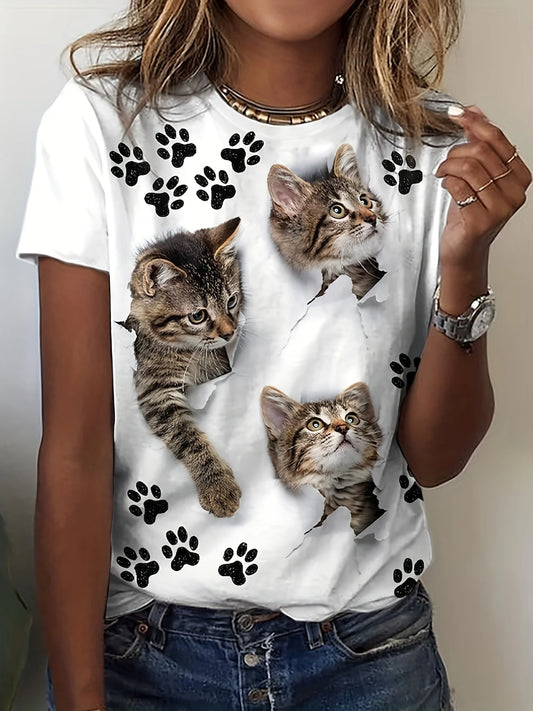 Cat & Paw Print Crew Neck T-Shirt