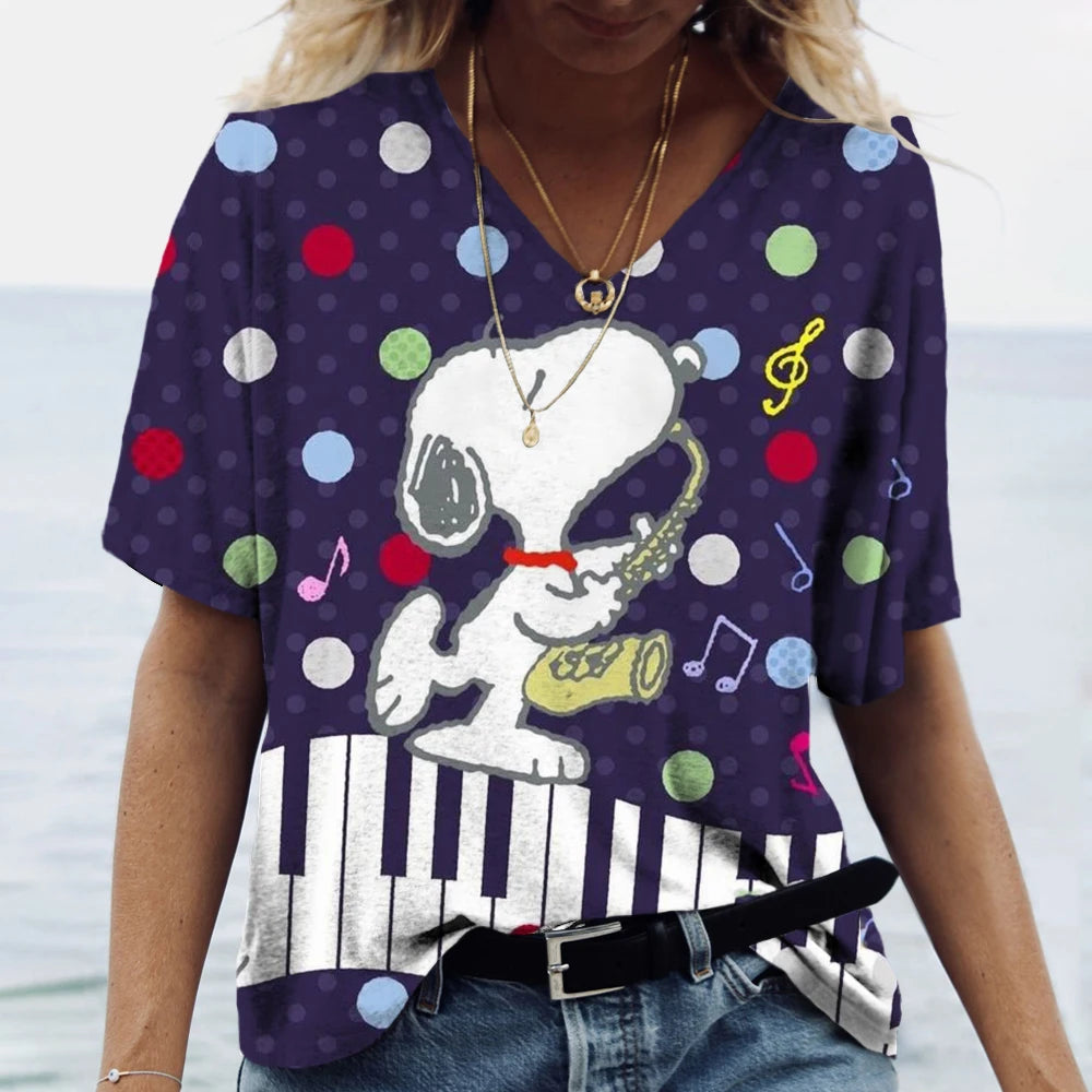 Snoopy Cartoon Print Tees V-neck