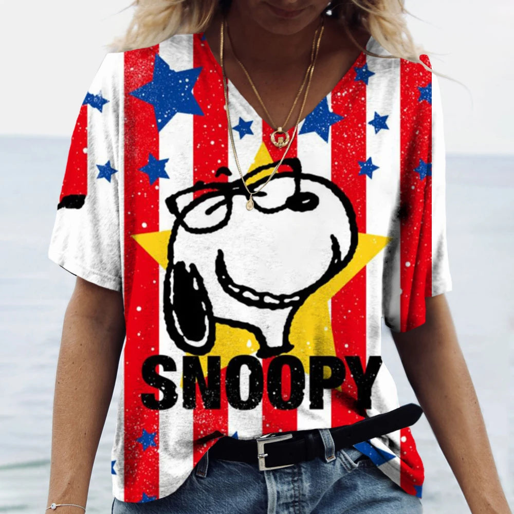 Snoopy Cartoon Print Tees V-neck