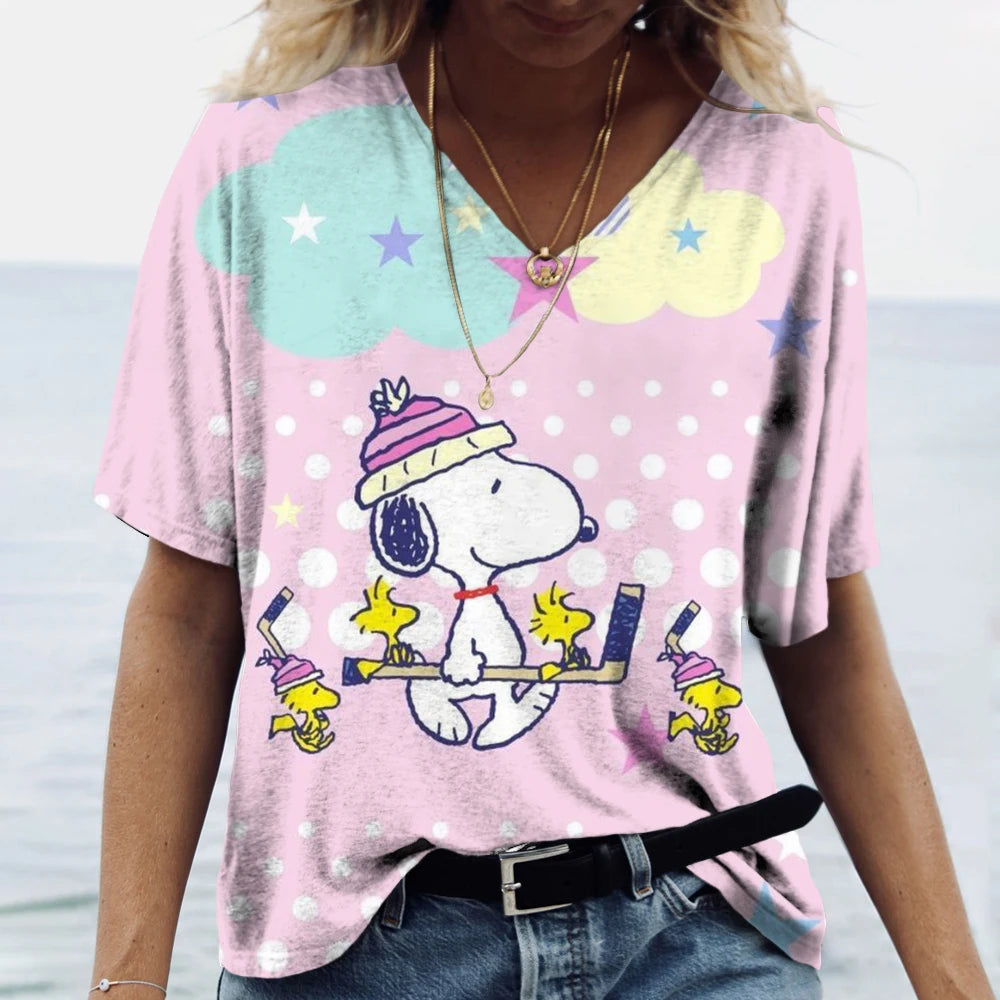 Snoopy Cartoon Print Tees V-neck