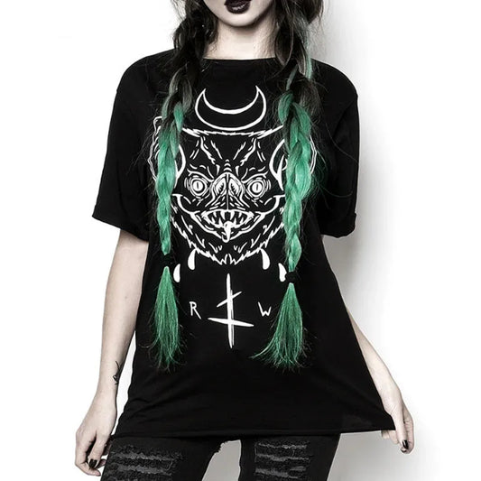 Dark Gothic Women’s Shirt Blood Batface Print Punk Black Summer Top