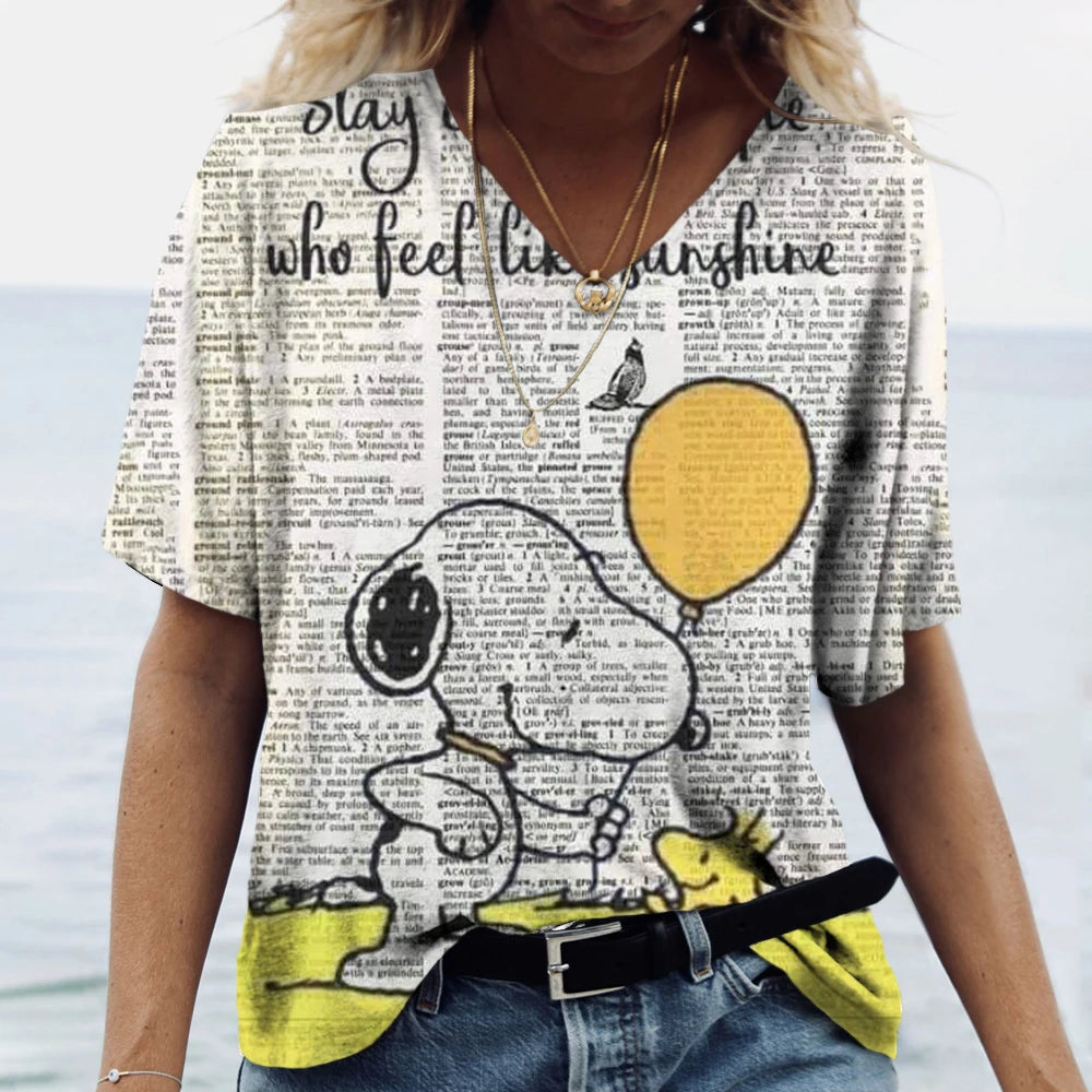 Snoopy Cartoon Print Tees V-neck