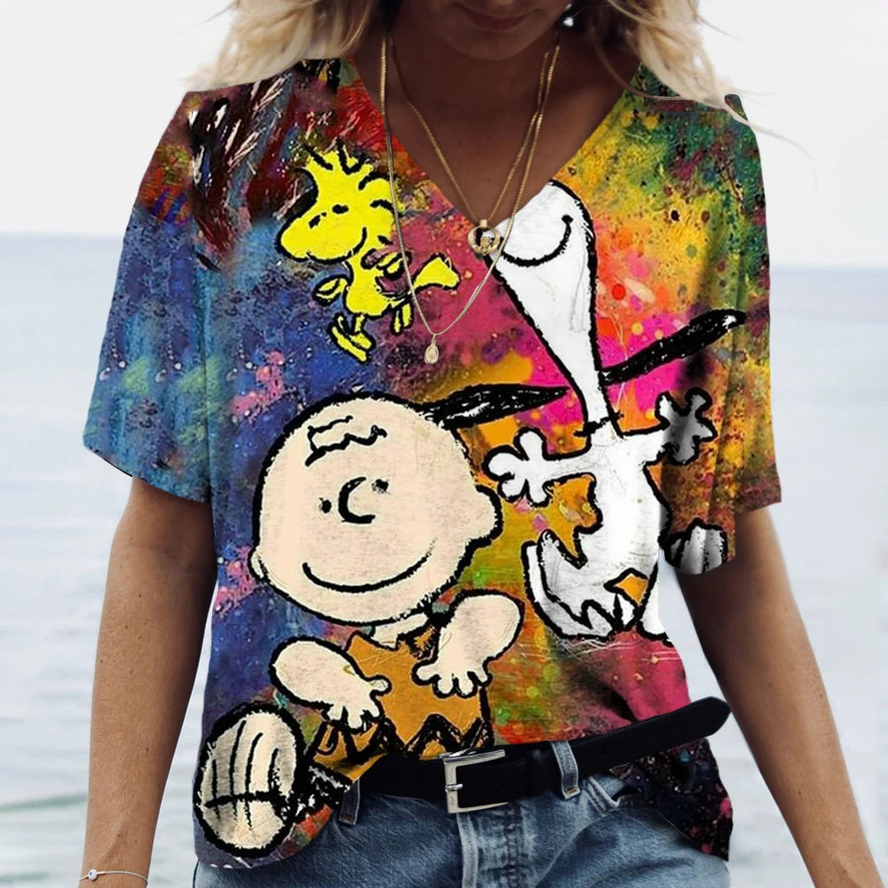 Snoopy Cartoon Print Tees V-neck