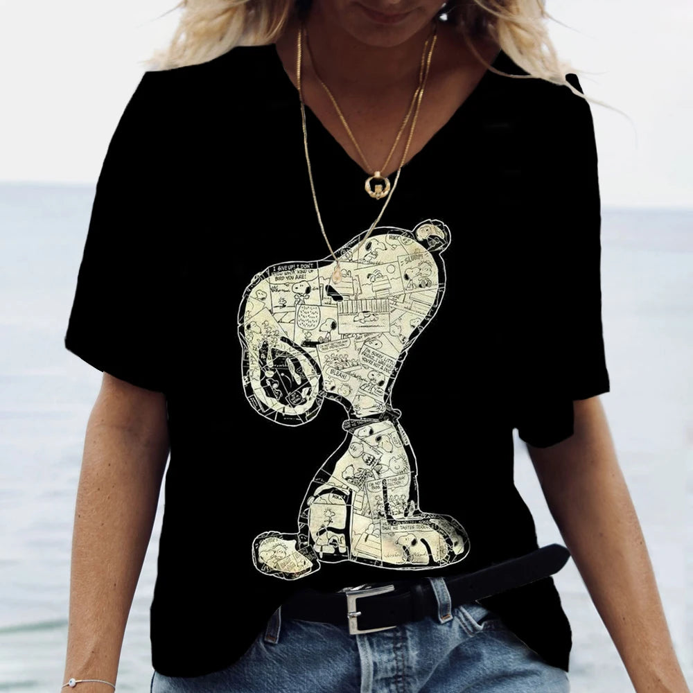 Snoopy Cartoon Print Tees V-neck