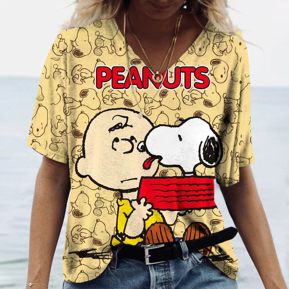 Snoopy Cartoon Print Tees V-neck